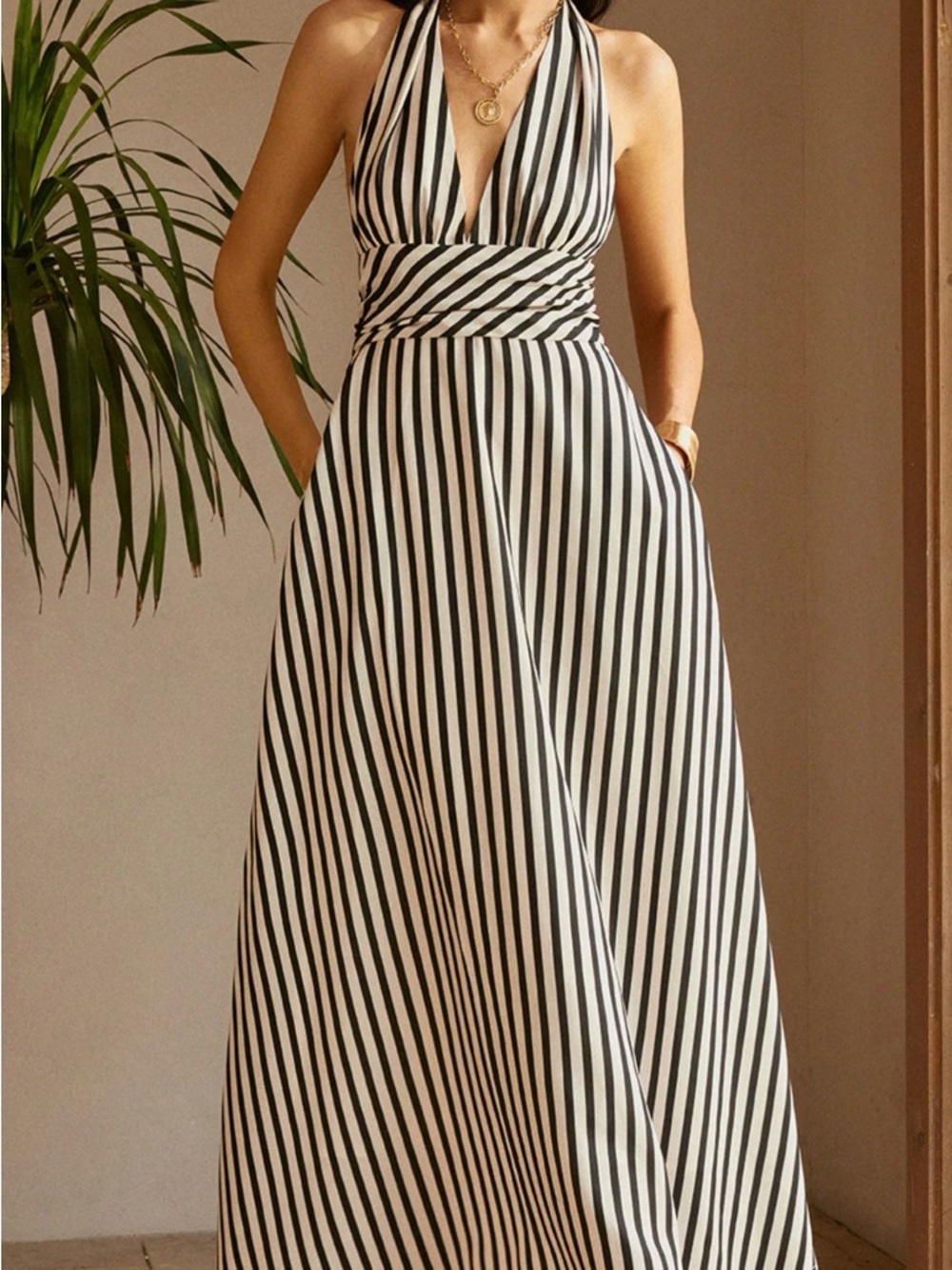 Striped Halter Maxi Dress - Black & White